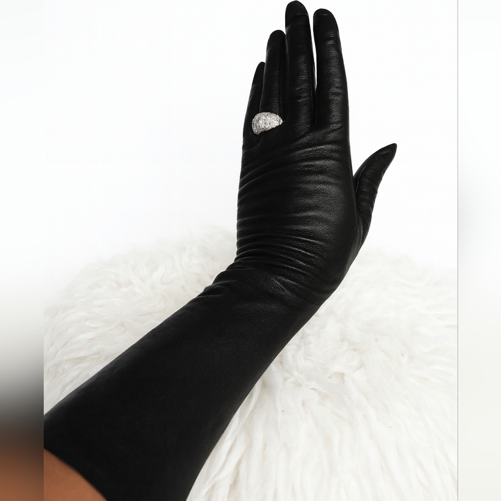Vintage Midcle Length Fine Quality Black Leather Gloves7